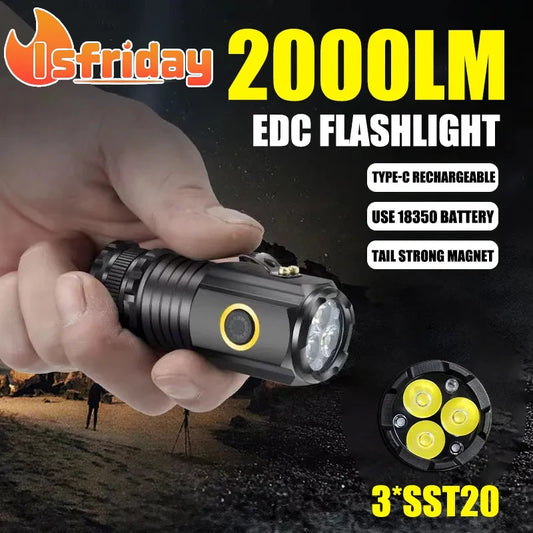 2000LM Mini LED Flashlight Powerful Portable 3LED Ultra Strong Light 18350 Built-in Battery USB Rechargeable With Magnet Torch